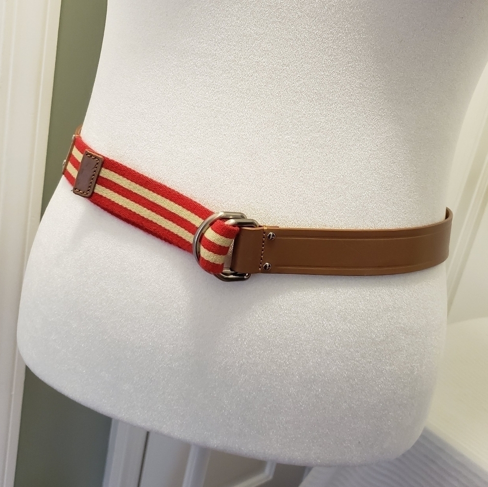 Talbots Beige Leather & Striped Adjustable Belt Large, Preppy, Classic